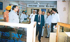 Dr P.D. Shenoy, Secretary in the Ministry of Labour, visits the office of the Regional Provident Fund Commissioner, in Chandigarh, on Thursday.