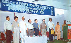 Activists of the Akhil Bharatiya Vidyarathi Parishad attend the 32nd state conference of the parishad in Viklang Sahayta Kendra, Ludhiana, on Friday.