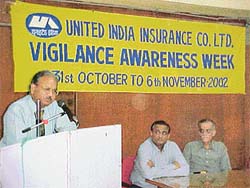 Mr U.S. Bhargava, General Manager, Punjab National Bank , addresses a seminar during the Vigilance Awareness Week organised by the United India Insurance Company