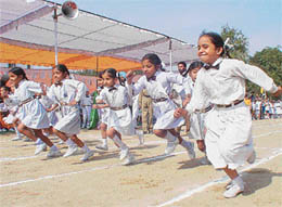 Students of GNIP School sprint towards the finishing line during the school�s annual athletic meet in Ludhiana