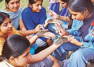 Students of Government Polytechnic for Women, Sector 10, take part in mehndi competition held on the college campus in Chandigarh 