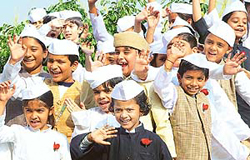 Students of The Gurukul, Sector 20, Panchkula, in the outfit of Chacha Nehru on the eve of Children�s Day.