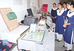 Students exhibiting their innovative skills at the annual exhibition held at Government Model Senior Secondary School, Sector 33-D, in Chandigarh on Wednesday. 