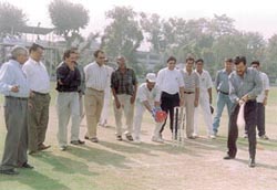Chief guest V P Sharma inaugurating the M S Trophy Cricket Tournament at the Mohan Meakins ground