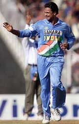 Javagal Srinath celebrates after claiming the wicket of Wavell Hinds of the West Indies during the fourth one-day international in Ahmedabad.