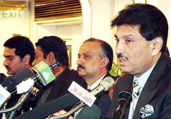 Faisal Saleh Hayat and other newly elected legislators of the Pakistan People�s Party announce a breakaway faction