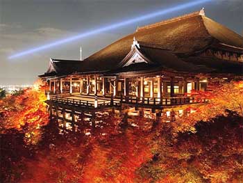 The Kiyomizu temple is illuminated at night