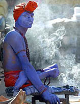 A Rajasthani man painted in blue