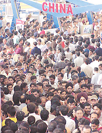 The weekend crowd at the China pavilion which is participating for the first time in the India International Trade Fair 2002 at Pragati Maidan in the Capital.