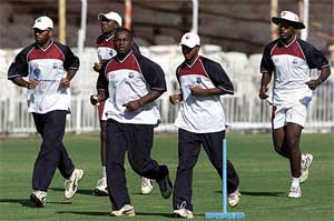 West Indies cricket players attend a practice session