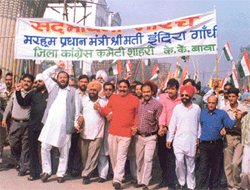 The District Congress president, Mr K.K. Bawa, leads a Sadhbhavna Yatra to mark the 85th birth anniversary of late Prime Minister Indira Gandhi