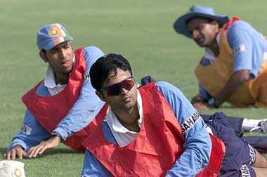 Indian cricketers Dinesh Mondia, V.V.S. Laxman and Javagan Srinath during a practice session