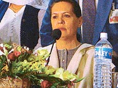 The All-India Congress Committee president, Ms Sonia Gandhi, addresses party workers of the UT and Punjab units, in Chandigarh on Saturday