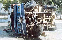 The truck that overturned at the Malhar road, Ludhiana, on Saturday