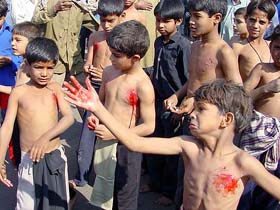 A young Shi'ite Muslim boy grimaces as he bleeds after flagellating himself
