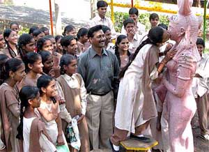 A schoolgirl doing an experiment with a science-based sound resonance model