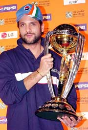 Film star Fardeen Khan with the Cricket World Cup, which was unveiled in New Delhi on Thursday as part of the promotional campaign