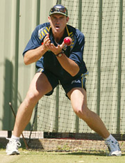 Australia�s Matthew Hayden practices his catching on the eve of the third Ashes cricket Test against England in Perth on Thursday. 