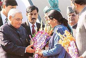 Prime Minister Atal Behari Vajpayee being greeted by Mayor Lalit Joshi at the airport