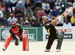 Pakistan batsman Younis Khan hooks a delivery 