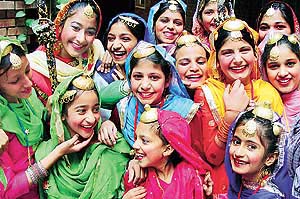 Girls of St. Stephen's School, Sector 45, in a light mood during a school function, in Chandigarh on Monday.