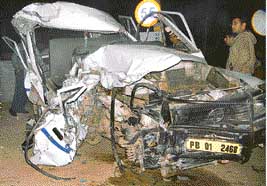 The Tata Sumo vehicle that was hit by a bus near the marble market, Chandigarh, late on Monday, injuring the driver and three employees of The Tribune.