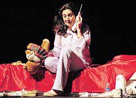 A scene from play �Women in Black�, written and enacted by Bubbles Sabharwal and directed by Arvind Gaur, which was staged in Tagore Theatre, Sector 18, Chandigarh, on Monday.