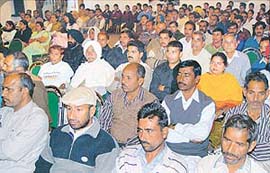Sarpanches and panches of various villages in Panchkula district at a state-level function to mark World Computer Literacy Day at Hansraj Public School in Panchkula on Monday.
