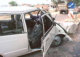 A damaged car that rammed into the road divider without a reflector on the Chandigarh-Ambala highway in Lohgarh village, near Zirakpur, reflects the indifferent attitude of the PWD towards the inconvenience of commuters. 