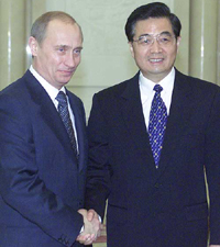 Russian President Vladimir Putin meets Chinese Vice-President Hu Jintao at the Great Hall of the People in Beijing 