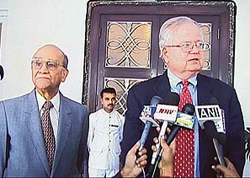 US Ambassador Robert Blackwill addresses a Press conference at Raj Bhavan in Jammu on Tuesday.