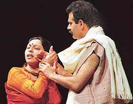 A scene from the play �Agni Aur Barkha� being staged in Tagore Theatre, Chandigarh, on Wednesday.