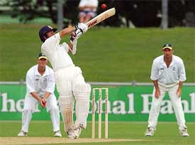 India's Sachin Tendulkar hooks to the boundary