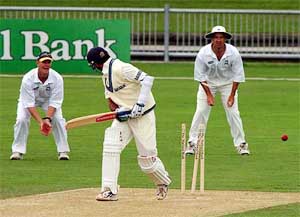India's Rahul Dravid is bowled for 1