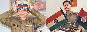 The new IG of Chandigarh, Mr Rajesh Kumar, adjusts his cap after assuming charge, and Mr Gaurav Yadav, new SSP of the city, takes his seat on the first day of his duty on Monday