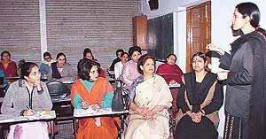 A participant delivers lecture at a three-day programme for psychology teachers in DAV Model School, Sector 15, Chandigarh