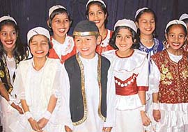 Students of Shishu Shiksha Niketan Model School, Sector 38, in a lighter mood at a function at Tagore Theatre in Chandigarh on Tuesday.