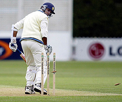 Rahul Dravid is bowled by Scott Styris of New Zealand on the first day of the first Test in Wellington 