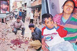 Policemen examine the spot where Shiv Kumar (inset) was murdered in Hallo Majra village on Sunday; and (right) Shiv�s wife with her five-year-old son