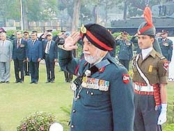 Maj-Gen M.P. Singh salutes martyrs on Corp Raising Day, in Ambala on Monday.