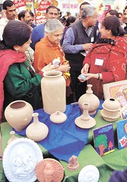 Delhi Chief MInister Sheila Dikshit visits a stall during a celebration of four years of excellence in education by the Government of NCT of Delhi