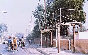 A bus shelter that is coming up near one of the busy intersections