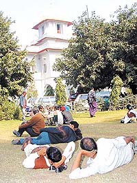 Litigants while away their time at Patiala House Courts as lawyers went on strike in the Capital on Wednesday