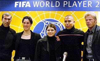 France's Zinedine Zidane,  Germany's Brigit Prinz, USA's Mia Hamm, Brazil's Ronaldo and German goalkeeper Oliver Khan