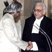 President APJ Abdul Kalam congratulates the new Chief Justice of India Visheshwar Nath Khare after the swearing-in ceremony at Rashtrapati Bhavan in New Delhi on Thursday.