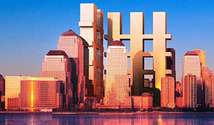 A design for the rebuilding of the World Trade Centre at an unveiling event in New York 