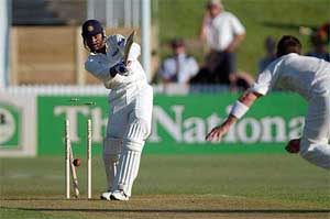 India's batsman Harbhajan Singh is bowled by Shane Bond