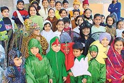 Students of DAV Public School wait for their turn in a fancy-dress competition in SAS Nagar on Saturday.