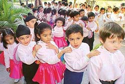 Tiny tots of Strawberry Fields, Sector 24, take part in their annual sports day function, in Chandigarh on Saturday.