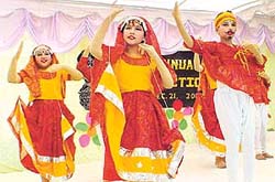Children present a colourful item at their annual function in Wheatland Convent School at Zirakpur on Saturday. 